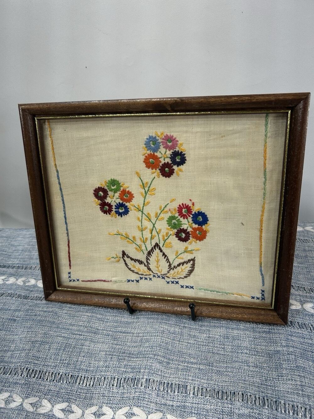 Vintage Floral Crewel Embroidery Needlework Framed Handmade Folk Art 10x8